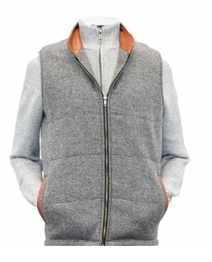 Body Warmer and Gilet Trimmed with Leather Grey Tweed data-zoom-image=
