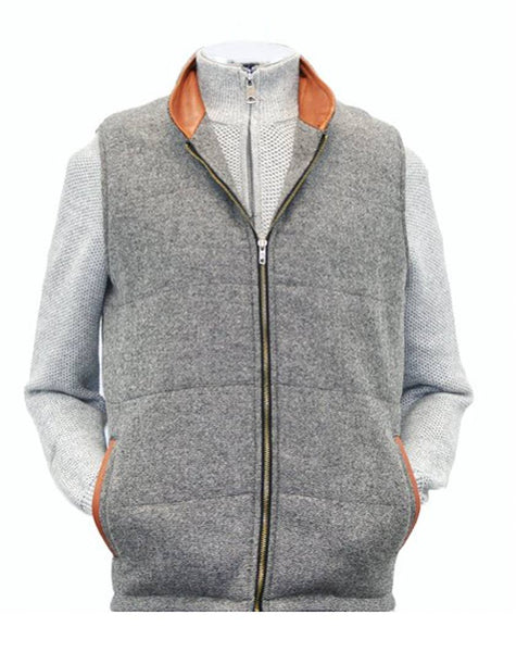 Body Warmer and Gilet Trimmed with Leather Grey Tweed