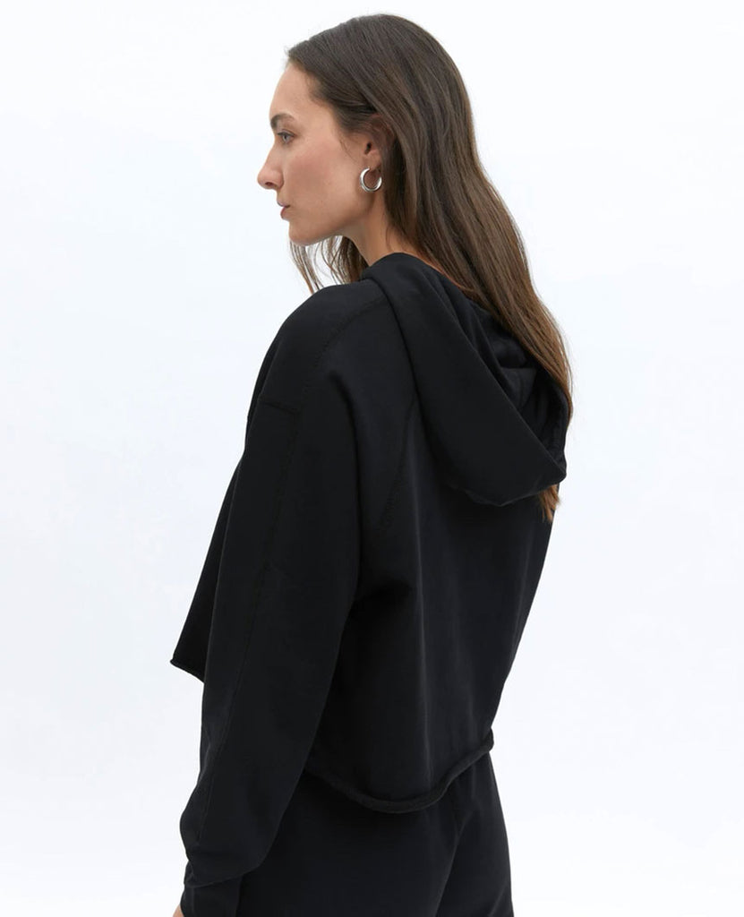 Lightweight Terry Cut-Off Hoodie Black Womens data-zoom-image=