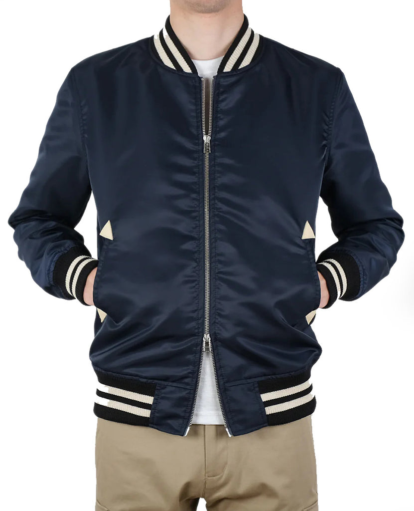 Navy Nylon Bomber Jacket data-zoom-image=