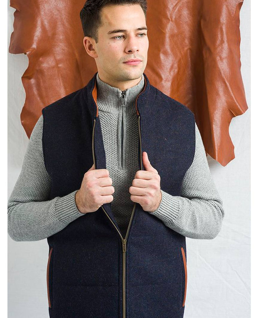 Body Warmer and Gilet Trimmed with Leather Navy Tweed data-zoom-image=