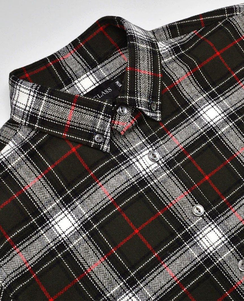 Olive Herringbone Plaid Flannel Shirt data-zoom-image=