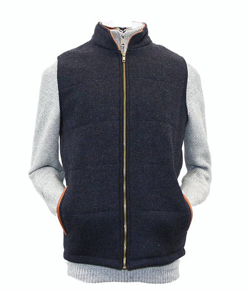 Body Warmer and Gilet Trimmed with Leather Navy Tweed data-zoom-image=