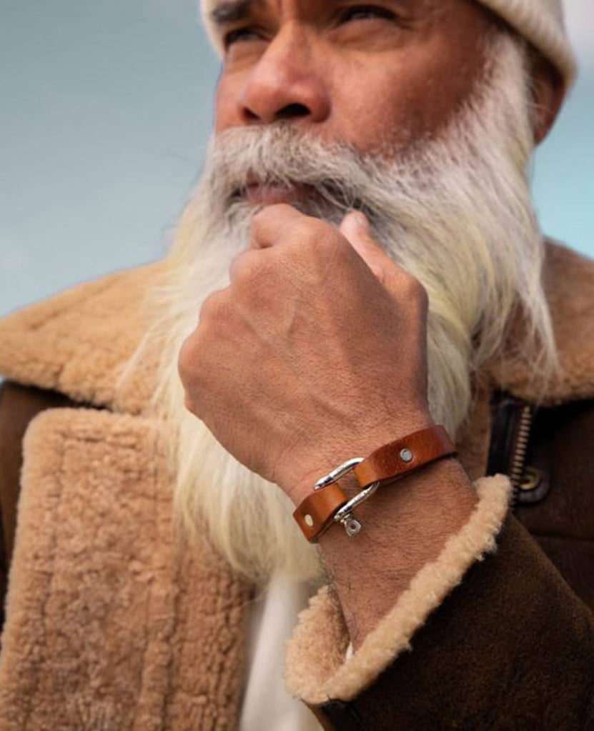 Sharp Simon Leather Cognac Silver Bracelet data-zoom-image=