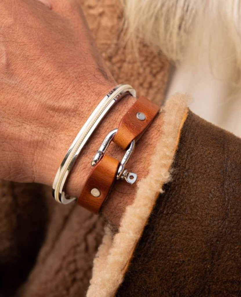 Sharp Simon Leather Cognac Silver Bracelet data-zoom-image=