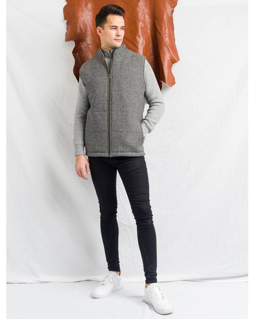 Body Warmer and Gilet Trimmed with Leather Grey Tweed data-zoom-image=