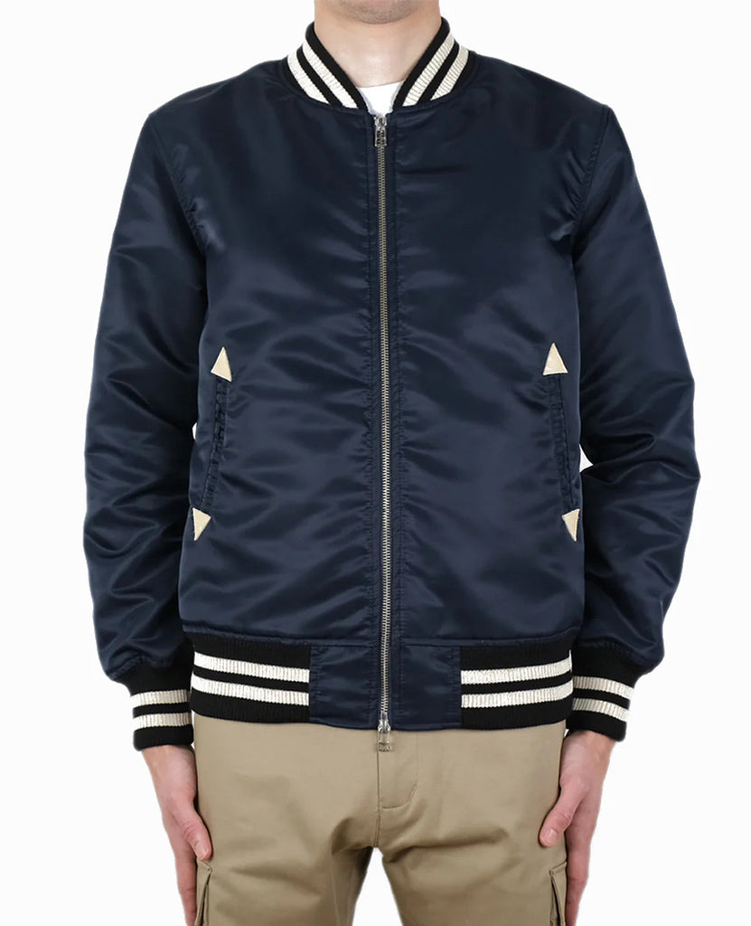 Navy Nylon Bomber Jacket data-zoom-image=