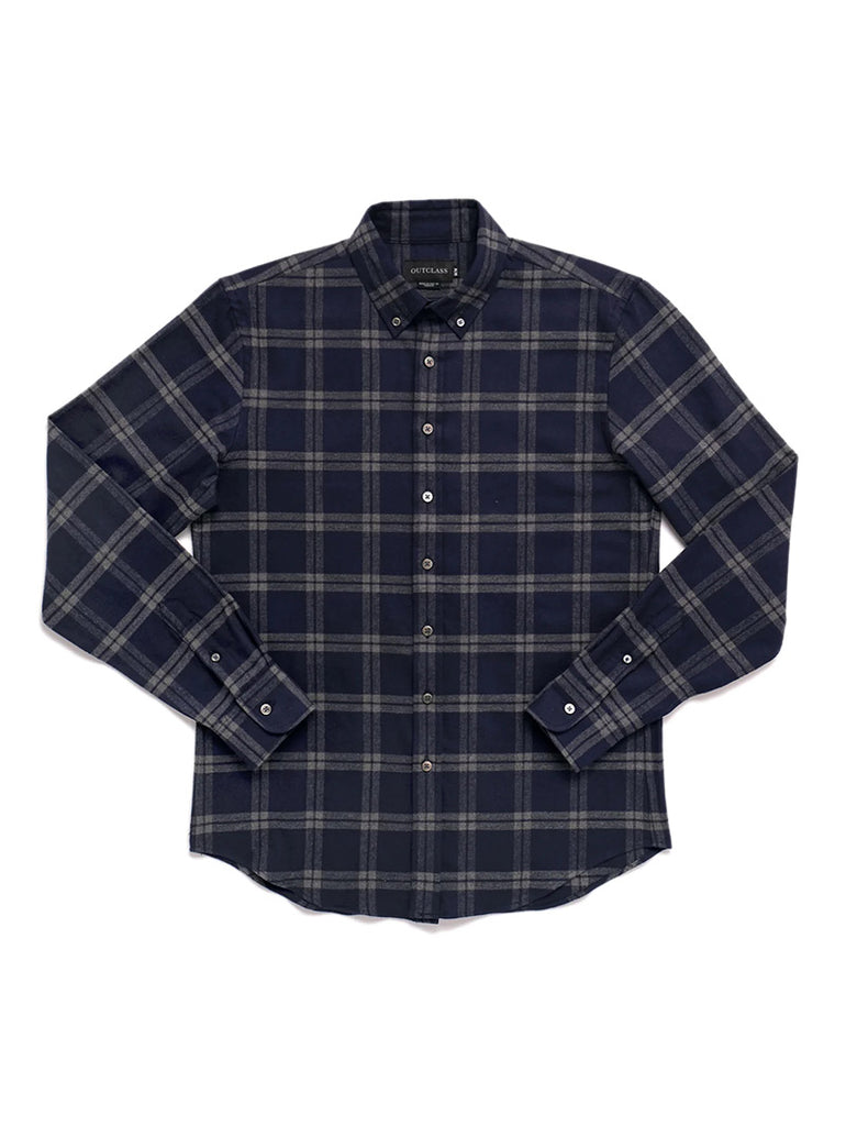 Men's 100% Cotton Flannel Robe - Windowpane Checks - Navy