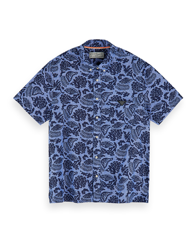 All-Over Printed Linen Hawaii Fit Shirt Blue