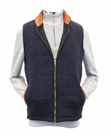 Body Warmer and Gilet Trimmed with Leather Navy Tweed